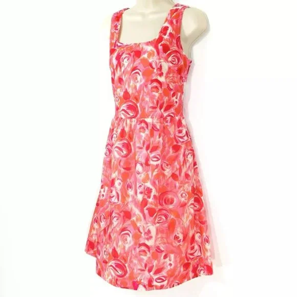 Garnet Hill Floral Dress Women’sSz 10 Watercolor Roses Pink & Red Lined Side Zip